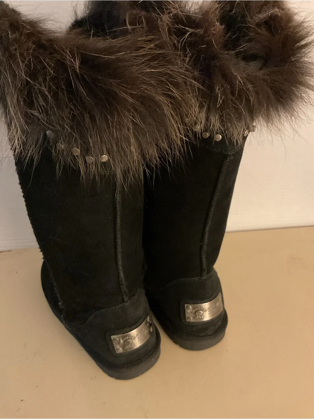Australia collection women black suede fur stud tall boots US 8